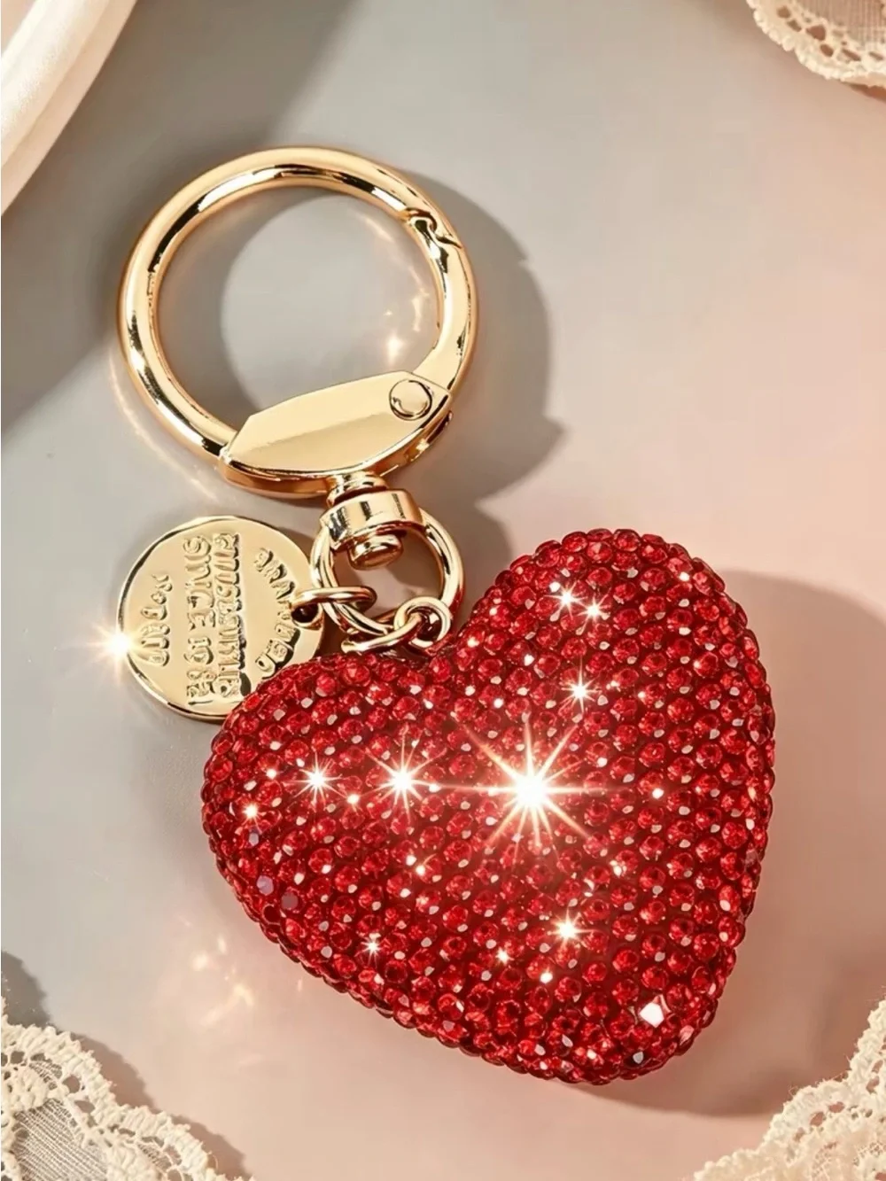 Gold Keychain with Red Crystal Heart Charm